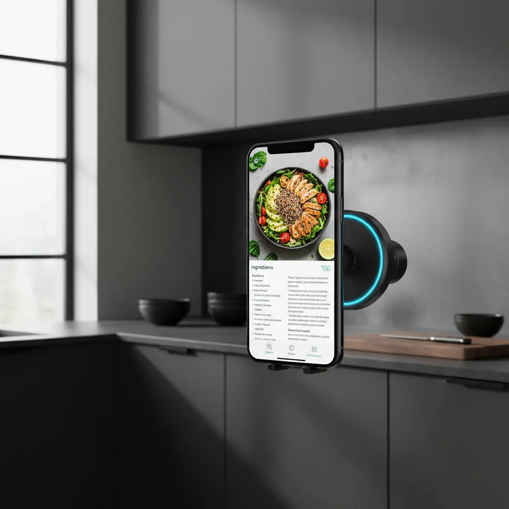 Smartphone an Küchenwand befestigt